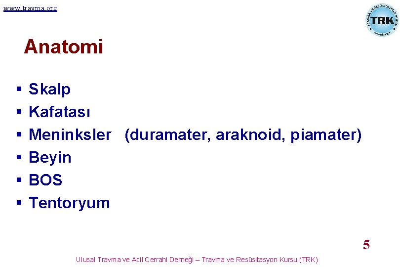 www. travma. org Anatomi § § § Skalp Kafatası Meninksler (duramater, araknoid, piamater) Beyin