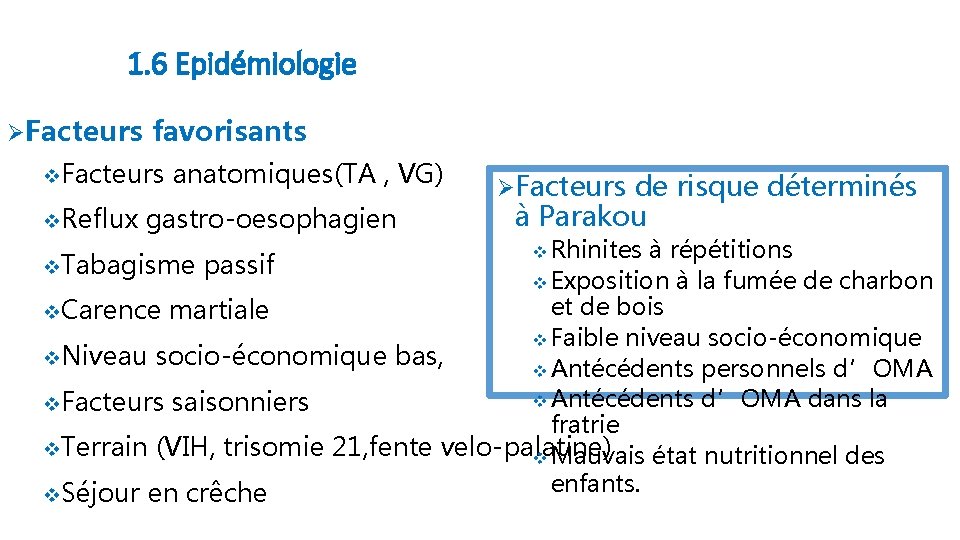 1. 6 Epidémiologie ØFacteurs favorisants v Facteurs anatomiques(TA , VG) v Reflux gastro-oesophagien v