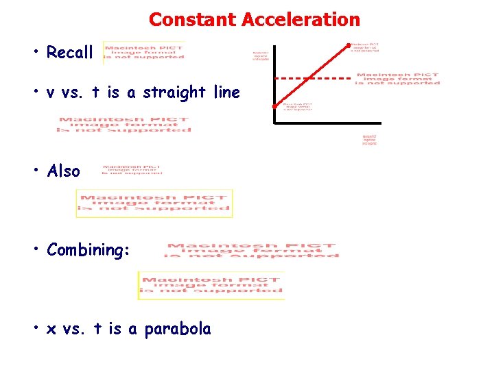 Constant Acceleration • Recall • v vs. t is a straight line • Also