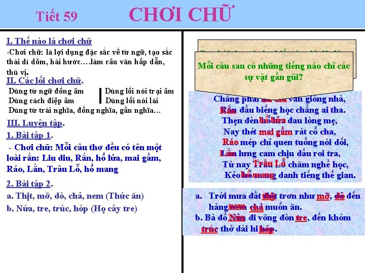 Tiết 59 CHƠI CHỮ I. Thế nào là chơi chữ -Chơi chữ: là lợi