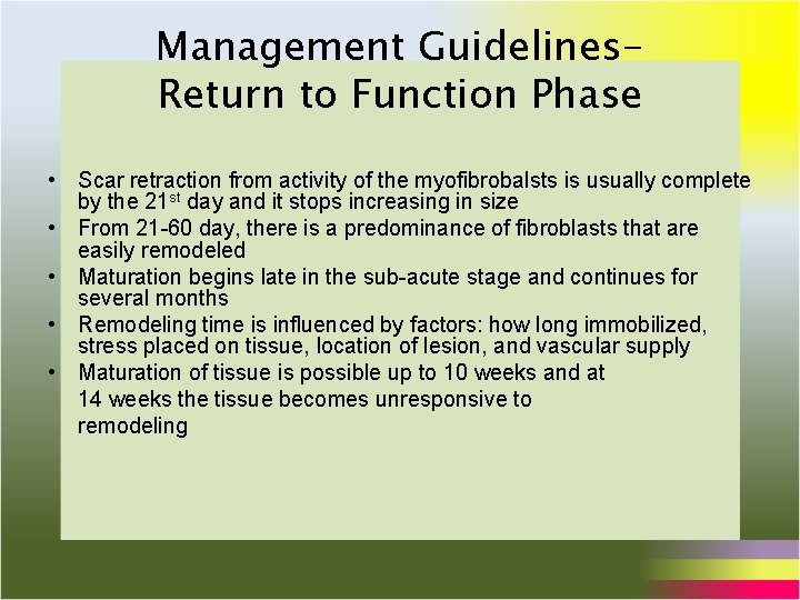 Management Guidelines. Return to Function Phase • Scar retraction from activity of the myofibrobalsts Management Guidelines. Return to Function Phase • Scar retraction from activity of the myofibrobalsts