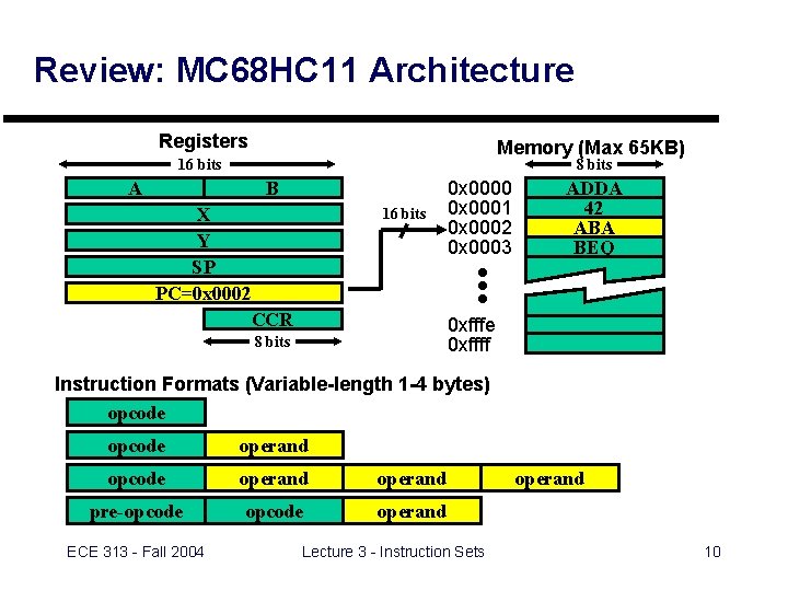 Review: MC 68 HC 11 Architecture Registers Memory (Max 65 KB) 16 bits A