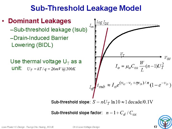 Sub-Threshold Leakage Model • Dominant Leakages –Sub-threshold leakage (Isub) –Drain-Induced Barrier Lowering (BIDL) Ion