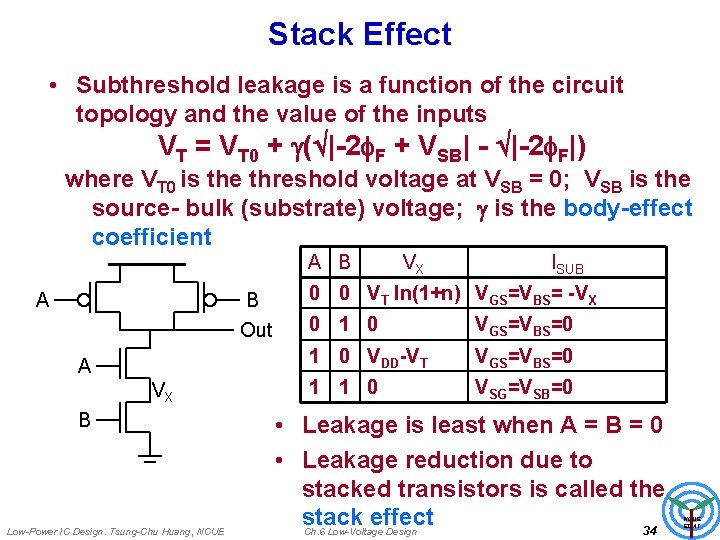 Stack Effect • Subthreshold leakage is a function of the circuit topology and the