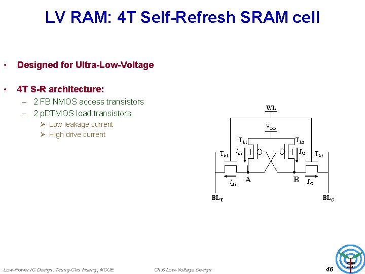 LV RAM: 4 T Self-Refresh SRAM cell • Designed for Ultra-Low-Voltage • 4 T