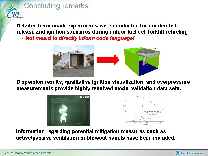 Concluding remarks: Detailed benchmark experiments were conducted for unintended release and ignition scenarios during