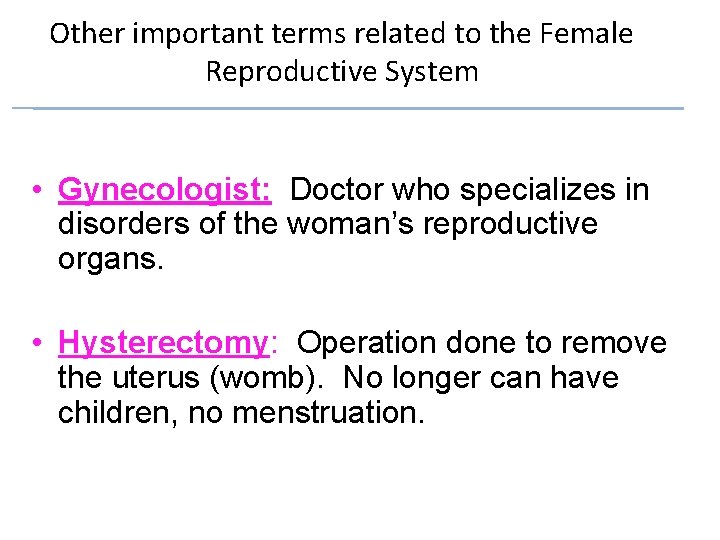 Other important terms related to the Female Reproductive System • Gynecologist: Doctor who specializes Other important terms related to the Female Reproductive System • Gynecologist: Doctor who specializes