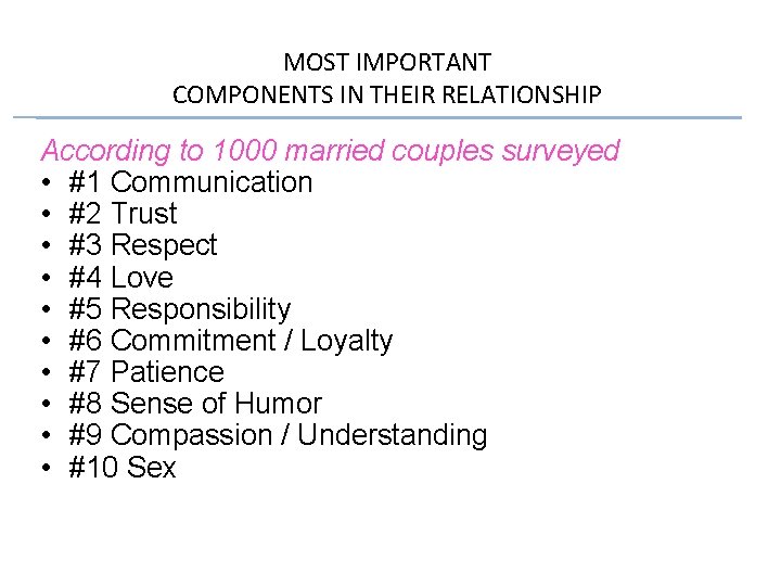 MOST IMPORTANT COMPONENTS IN THEIR RELATIONSHIP According to 1000 married couples surveyed • #1