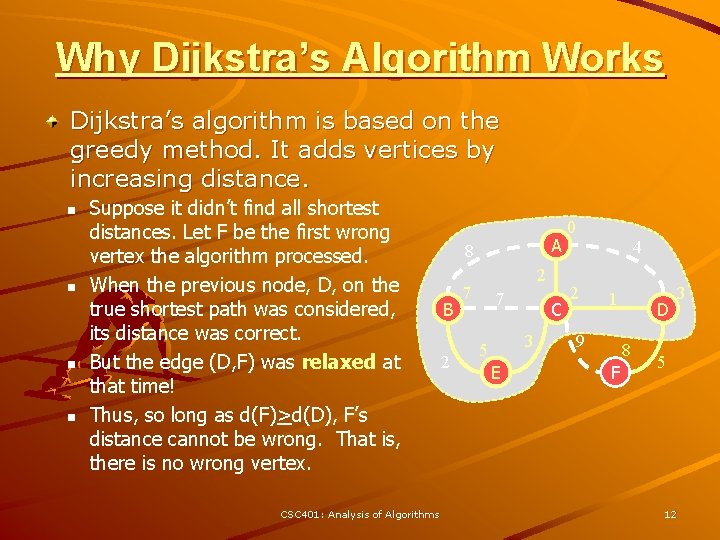 Why Dijkstra’s Algorithm Works Dijkstra’s algorithm is based on the greedy method. It adds