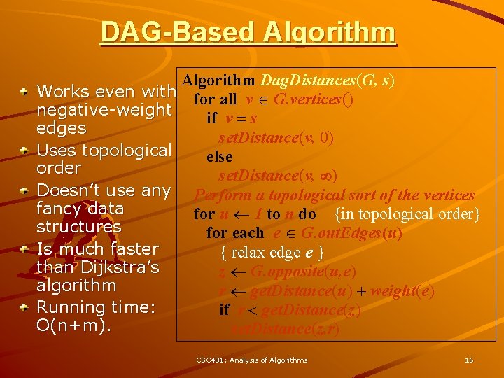 DAG-Based Algorithm Dag. Distances(G, s) Works even with for all v G. vertices() negative-weight