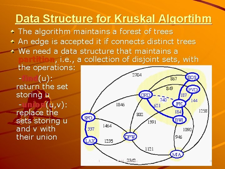 Data Structure for Kruskal Algortihm The algorithm maintains a forest of trees An edge