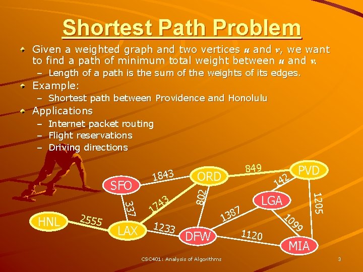 Shortest Path Problem Given a weighted graph and two vertices u and v, we