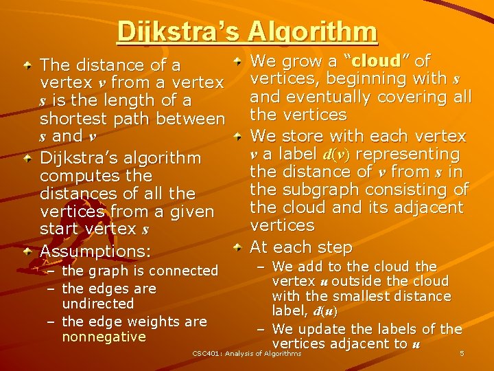 Dijkstra’s Algorithm The distance of a vertex v from a vertex s is the