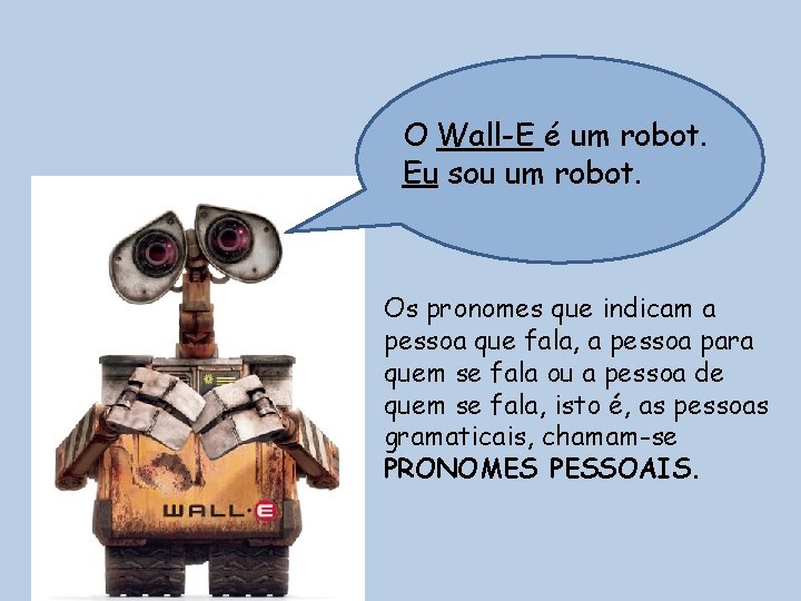 O Wall-E é um robot. Eu sou um robot. Os pronomes que indicam a