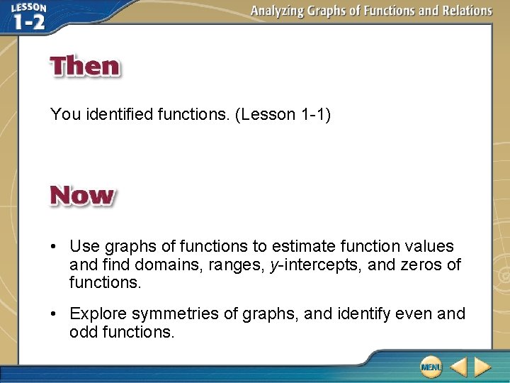 You identified functions. (Lesson 1 -1) • Use graphs of functions to estimate function