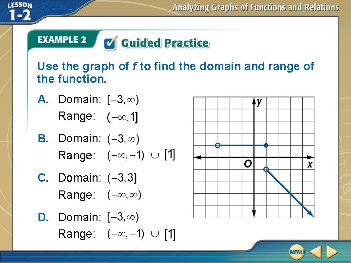 Use the graph of f to find the domain and range of the function.