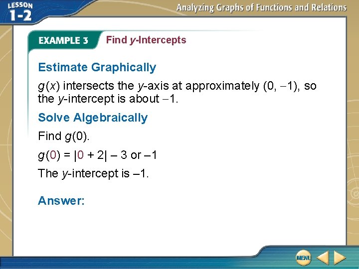 Find y-Intercepts Estimate Graphically g (x) intersects the y-axis at approximately (0, -1), so