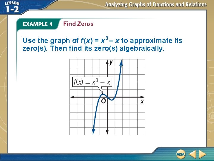 Find Zeros Use the graph of f (x) = x 3 – x to