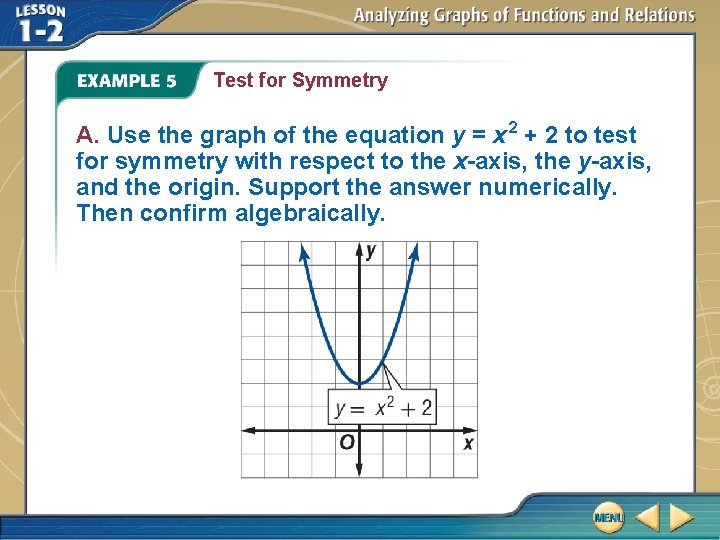 Test for Symmetry A. Use the graph of the equation y = x 2