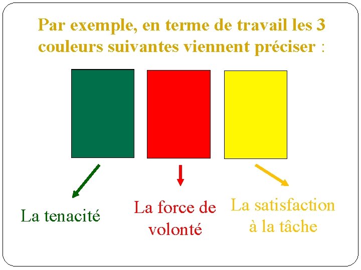 Par exemple, en terme de travail les 3 couleurs suivantes viennent préciser : La