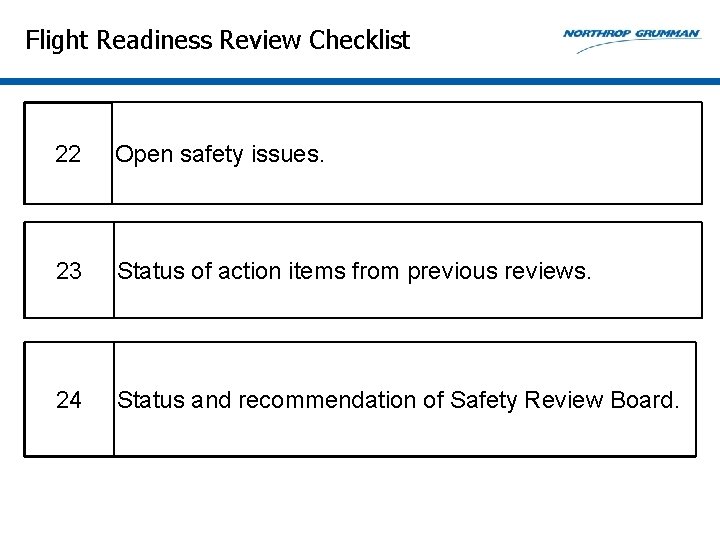 Flight Readiness Review Checklist 22 Open safety issues. 23 Status of action items from