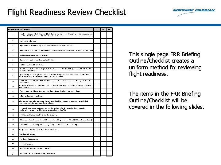 Flight Readiness Review Checklist FRR BRIEFING OUTLINE/CHECKLIST: 1 Description of System Under Test (SUT)