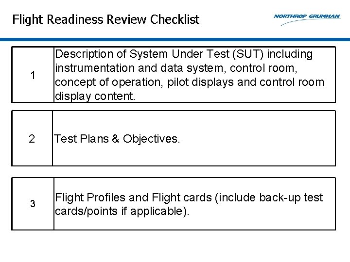 Flight Readiness Review Checklist 1 Description of System Under Test (SUT) including instrumentation and