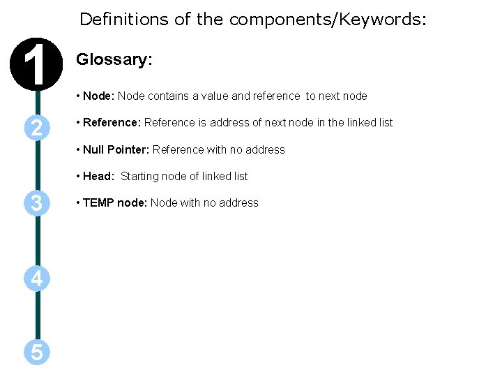 Definitions of the components/Keywords: 1 2 Glossary: • Node: Node contains a value and