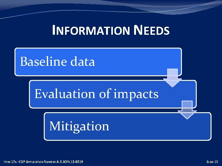 INFORMATION NEEDS Baseline data Evaluation of impacts Mitigation ITEM 17 A –CDP APPLICATION NUMBER