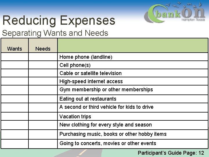 Reducing Expenses Separating Wants and Needs Wants Needs Home phone (landline) Cell phone(s) Cable