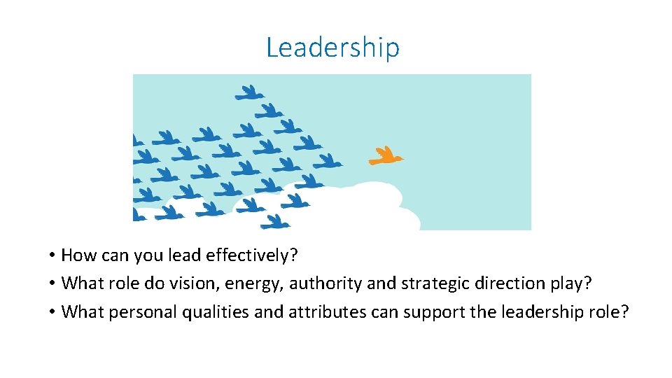 Leadership • How can you lead effectively? • What role do vision, energy, authority