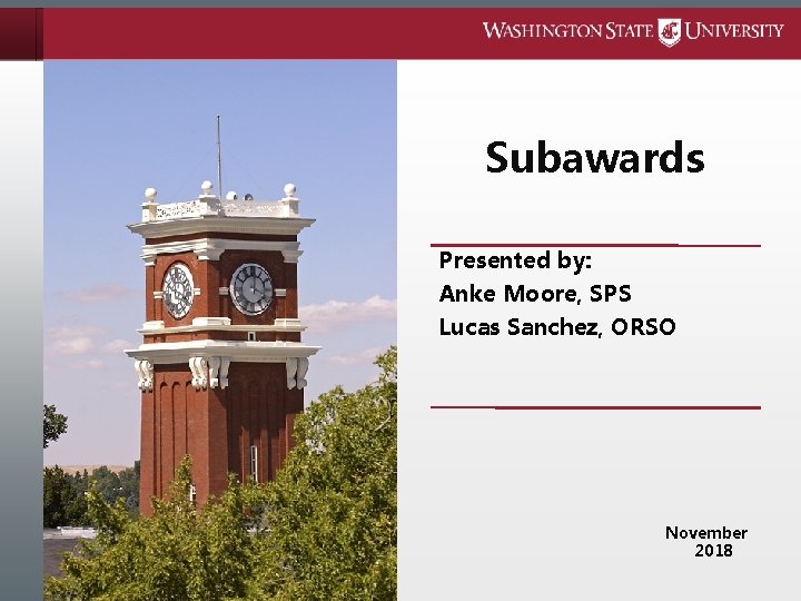 Subawards Presented by: Anke Moore, SPS Lucas Sanchez, ORSO November 2018 