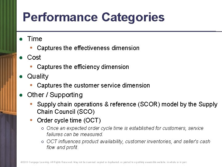 Performance Categories ● Time • Captures the effectiveness dimension ● Cost • Captures the