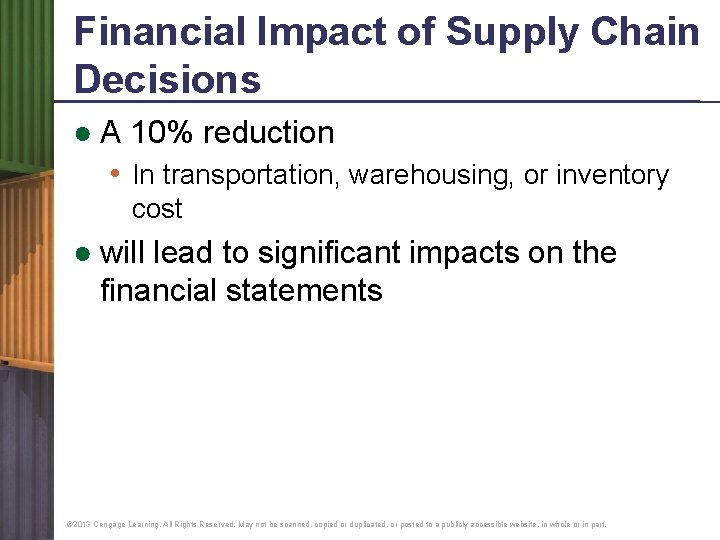 Financial Impact of Supply Chain Decisions ● A 10% reduction • In transportation, warehousing,