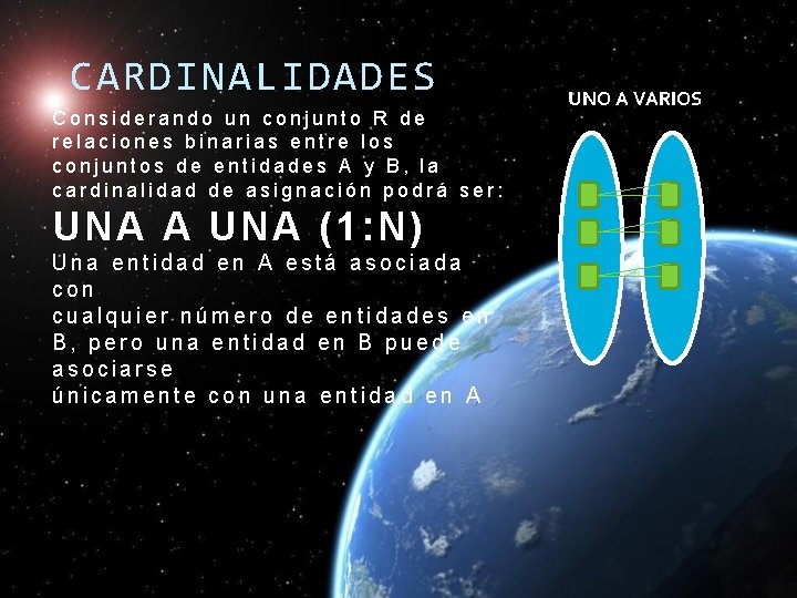 CARDINALIDADES Considerando un conjunto R de relaciones binarias entre los conjuntos de entidades A CARDINALIDADES Considerando un conjunto R de relaciones binarias entre los conjuntos de entidades A
