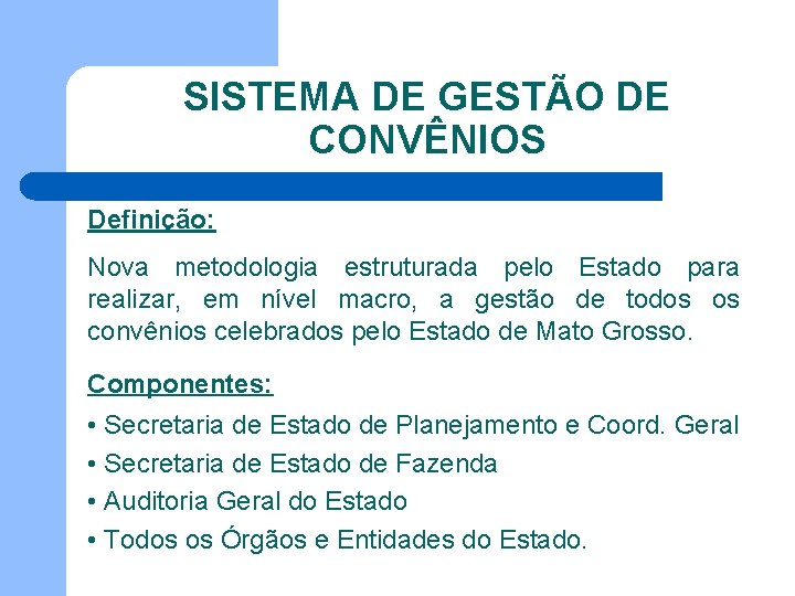 SISTEMA DE GESTÃO DE CONVÊNIOS Definição: Nova metodologia estruturada pelo Estado para realizar, em