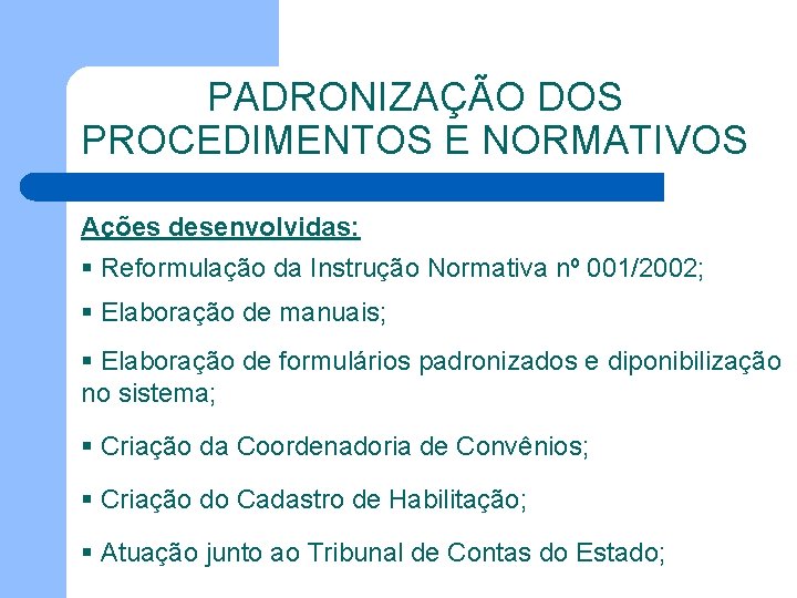 PADRONIZAÇÃO DOS PROCEDIMENTOS E NORMATIVOS Ações desenvolvidas: § Reformulação da Instrução Normativa nº 001/2002;