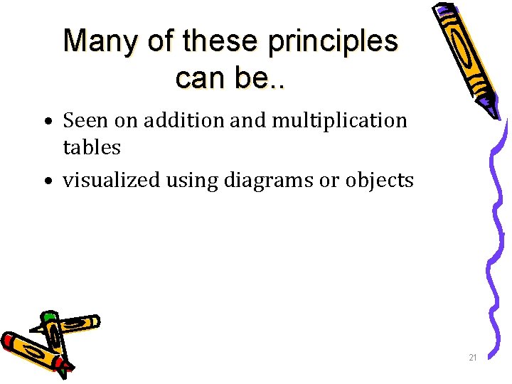 Many of these principles can be. . • Seen on addition and multiplication tables