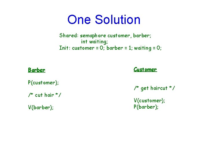 One Solution Shared: semaphore customer, barber; int waiting; Init: customer = 0; barber =