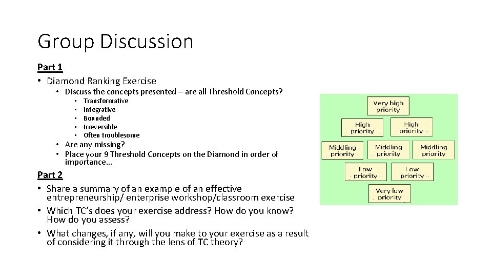 Group Discussion Part 1 • Diamond Ranking Exercise • Discuss the concepts presented –