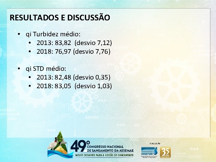 RESULTADOS E DISCUSSÃO • qi Turbidez médio: • 2013: 83, 82 (desvio 7, 12)