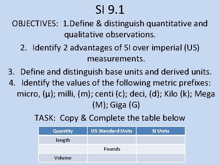 SI 9. 1 OBJECTIVES: 1. Define & distinguish quantitative and qualitative observations. 2. Identify