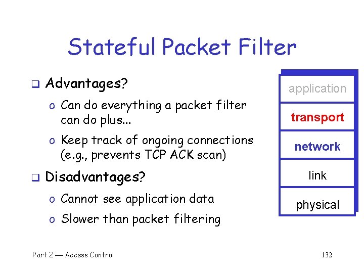 Stateful Packet Filter q q Advantages? application o Can do everything a packet filter