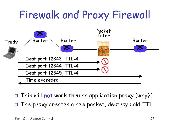 Firewalk and Proxy Firewall Trudy Router Packet filter Router Dest port 12343, TTL=4 Dest