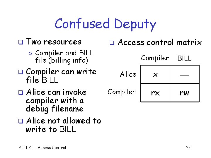 Confused Deputy q Two resources q Access control matrix o Compiler and BILL file