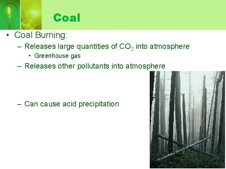 Coal • Coal Burning: – Releases large quantities of CO 2 into atmosphere •