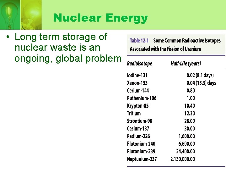 Nuclear Energy • Long term storage of nuclear waste is an ongoing, global problem