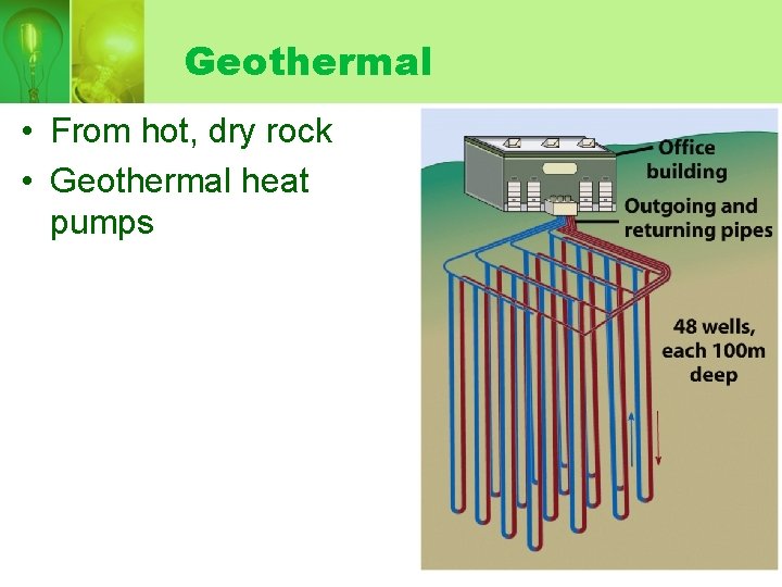 Geothermal • From hot, dry rock • Geothermal heat pumps 