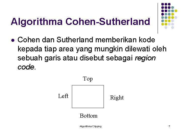 Algorithma Cohen-Sutherland l Cohen dan Sutherland memberikan kode kepada tiap area yang mungkin dilewati