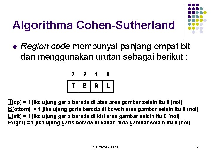 Algorithma Cohen-Sutherland l Region code mempunyai panjang empat bit dan menggunakan urutan sebagai berikut